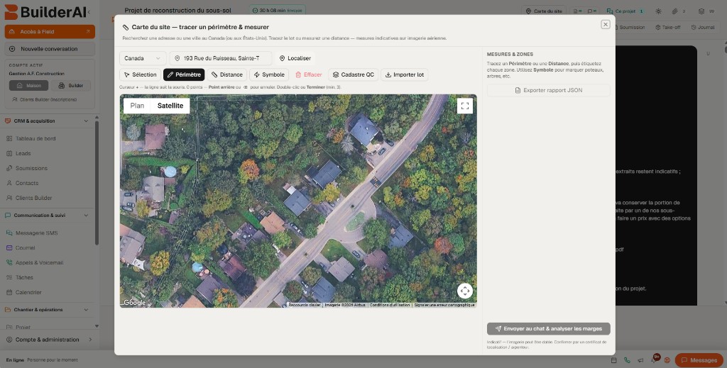 Capture produit — Carte du site (périmètre & mesure sur imagerie aérienne)