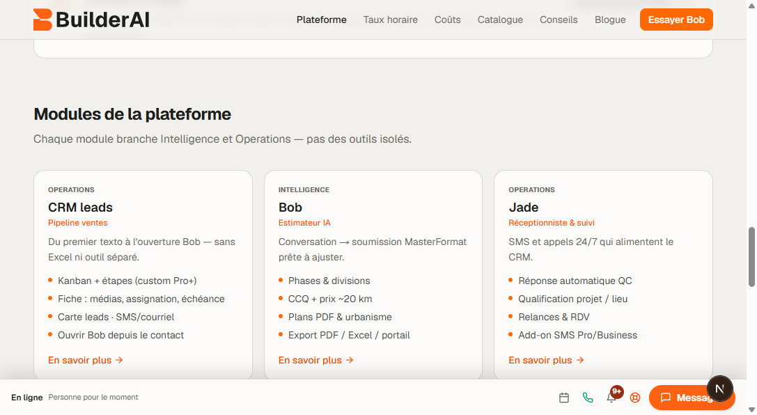 Modules BuilderAI — CRM, Bob et Jade sur la page plateforme